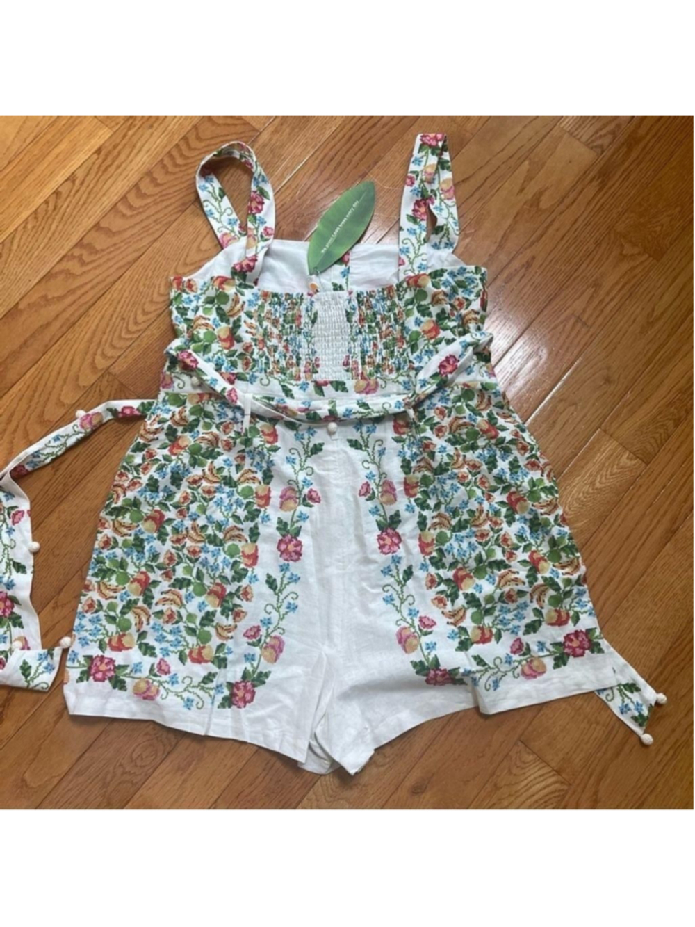 Farm Rio Crosstitch Floral Belted Romper linen blend off-white Cottagecore Sz XL - Picture 7 of 15
